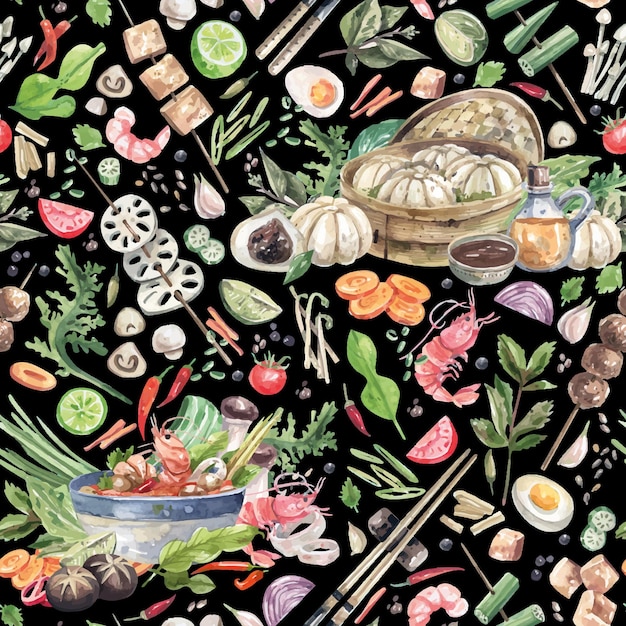 Watercolor seamless pattern with traditional asian food on black background