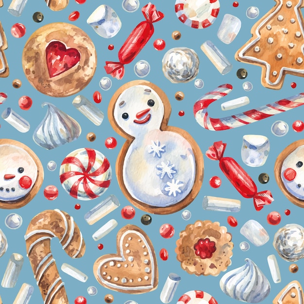 Watercolor, seamless pattern with traditional Christmas sweets in cartoon style. Lollipops, candy