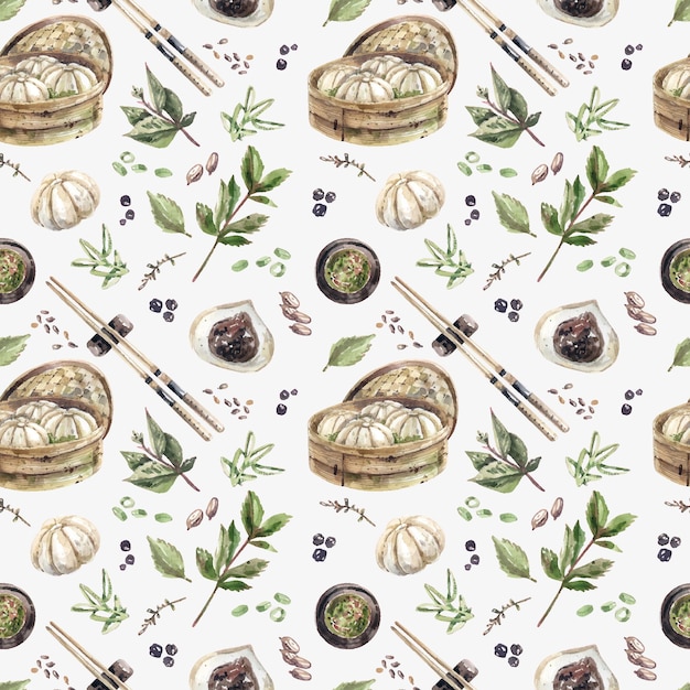 Watercolor seamless pattern with traditional Japanese cuisine dishes, steame dumplings, spicy sauce