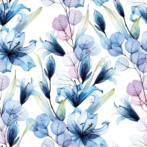 watercolor seamless pattern with transparent flowers blue lily flowers pink eucalyptus leaves