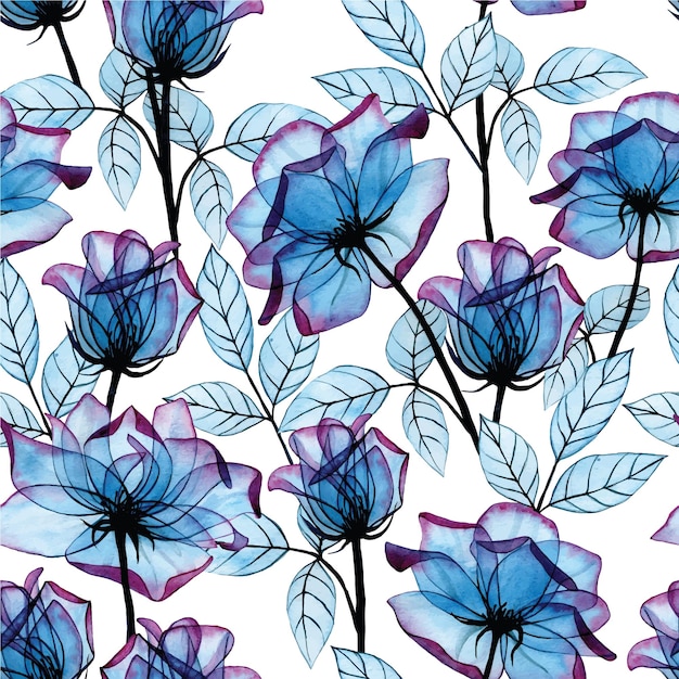 watercolor seamless pattern with transparent flowers and leaves of rose blue and pink on a white