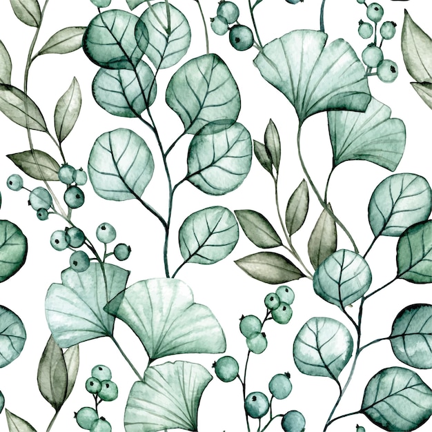 watercolor seamless pattern with transparent ginkgo and eucalyptus leaves print