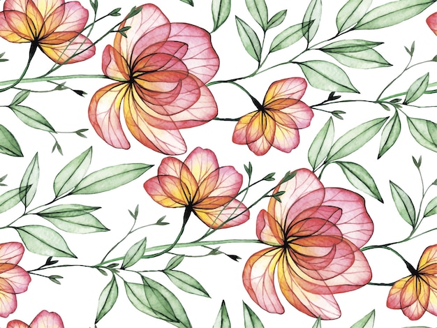 Vector watercolor seamless pattern with transparent peony flowers xray delicate print with pink flowers