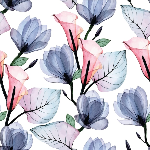 watercolor seamless pattern with transparent tropical flowers and leaves of kala and magnolia