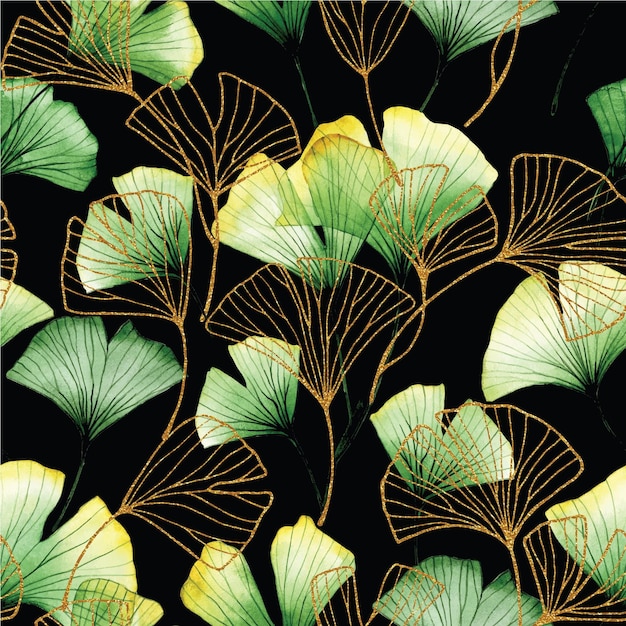 watercolor seamless pattern with tropical ginkgo leaves green and golden leaves on a black