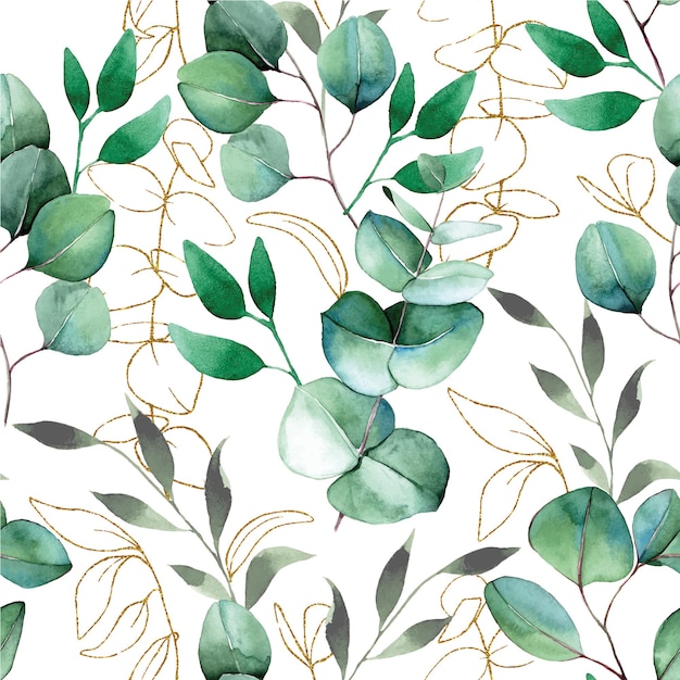 watercolor seamless pattern with tropical green leaves and golden eucalyptus leaves on white