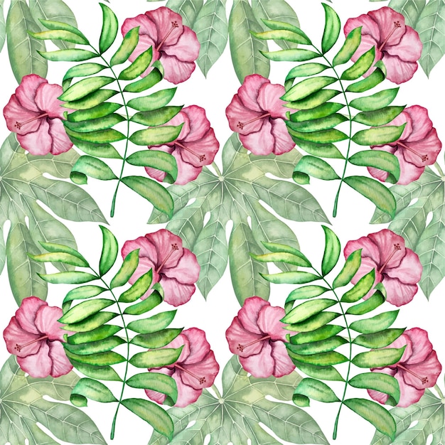 Watercolor seamless pattern with tropical plants illustration