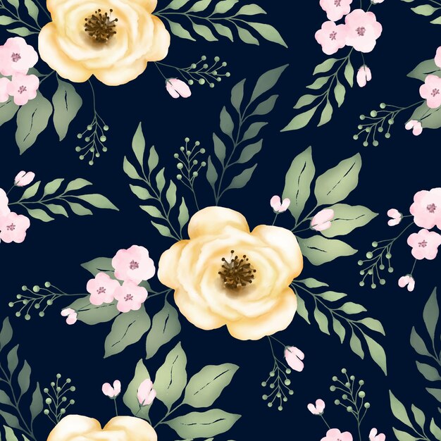 Watercolor Seamless Pattern With Yellow Rose Flower