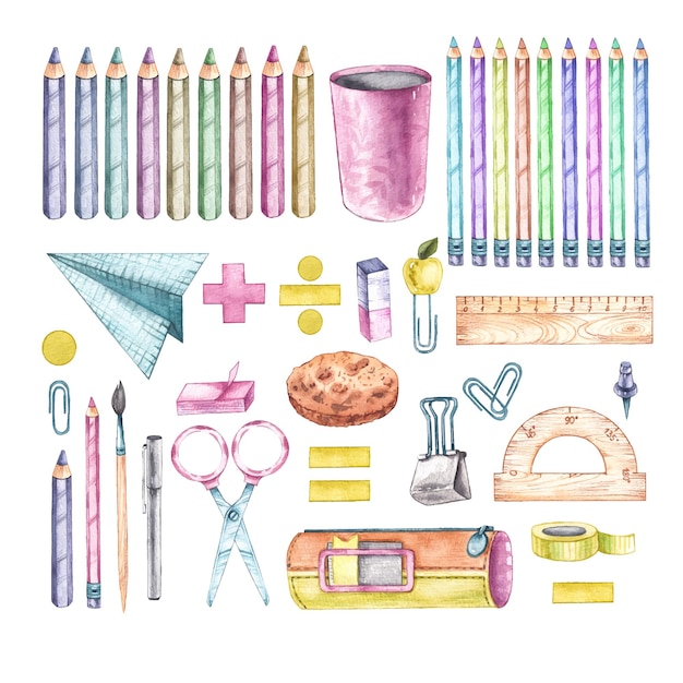 Watercolor set back to school with stationery