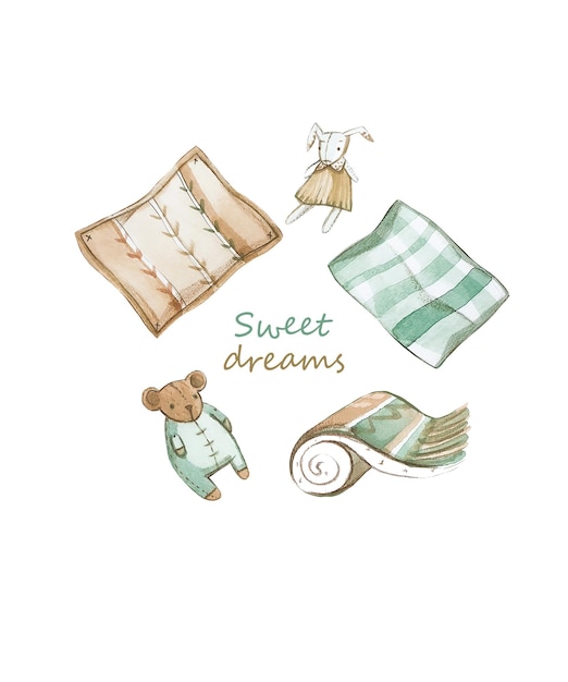 Watercolor set of blankets, pillows and soft toys.