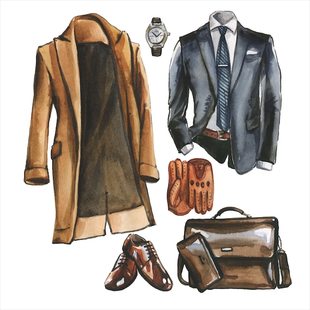 Watercolor Set of business casual clothes, shoes and bag for man. Corporate outfit illustration. Hand drawn painting of office style look. Wardrobe pack