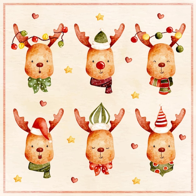 Watercolor set of Christmas deer