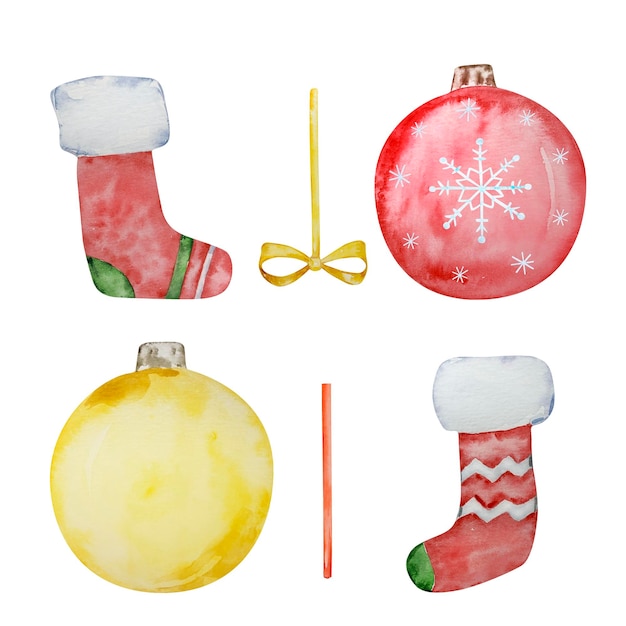 Watercolor set of christmas tree decorations balls and stockings