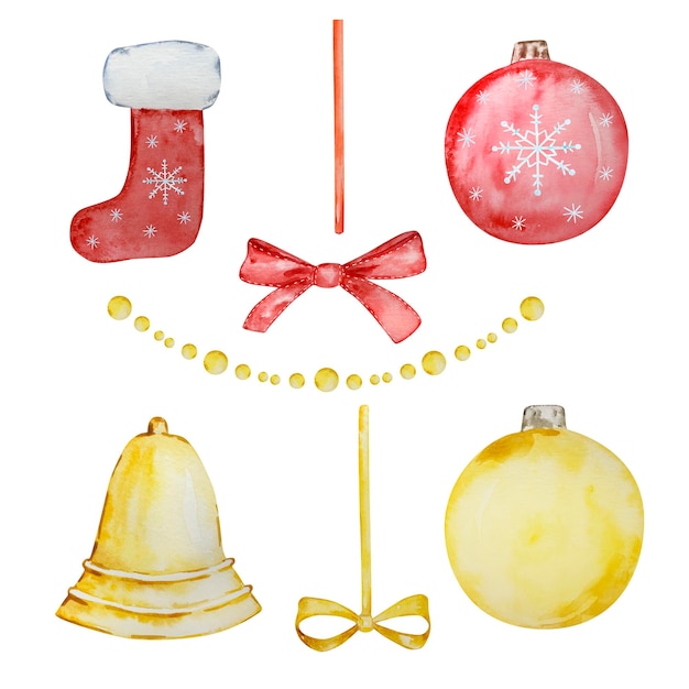 Watercolor set of Christmas tree decorations and stockings