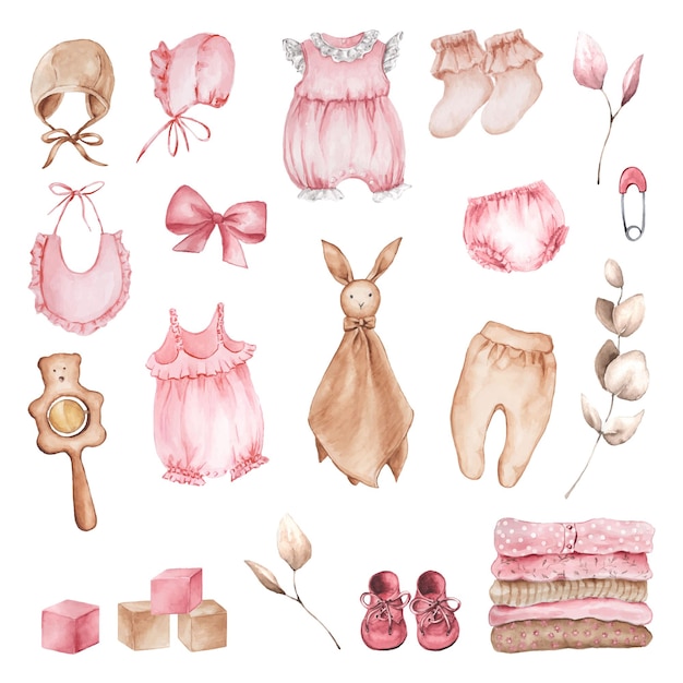 Watercolor set of clothes and accessories for a newborn girl