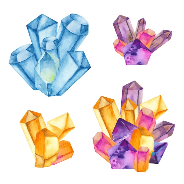 Vector watercolor set colored crystals