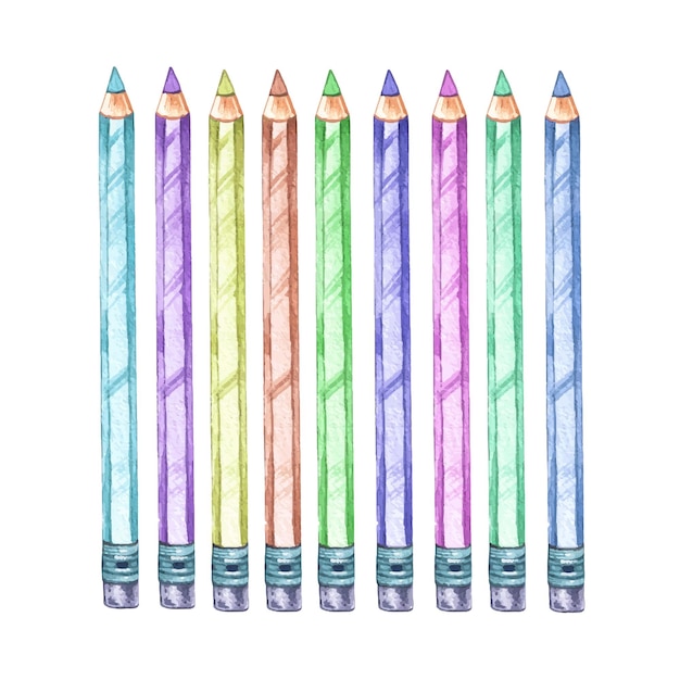 Watercolor set of colored pencils back to school