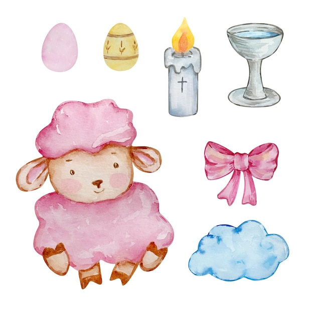 Vector watercolor set of cute baby angel lamb