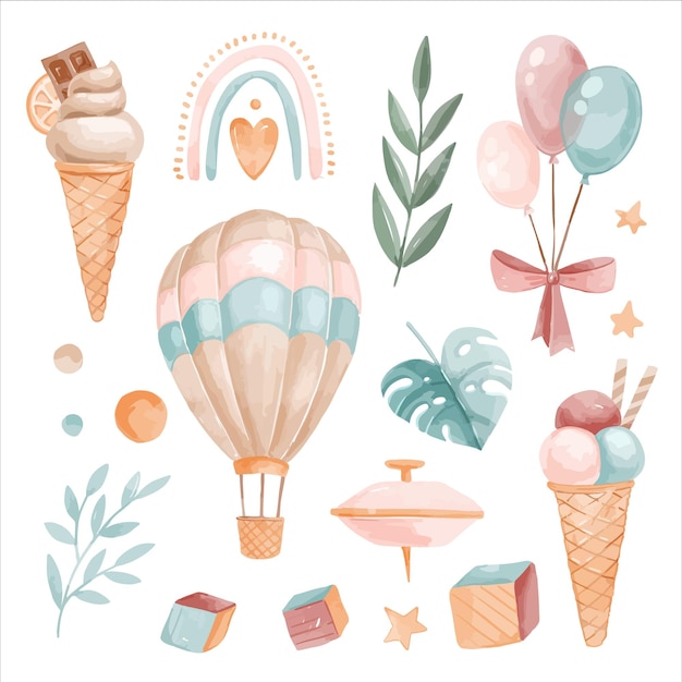 Watercolor set of cute child isolated elements such as baloon, ice cream, rainbow and whirligig