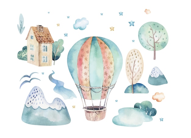 Watercolor set of a cute and fancy sky scene complete with hot air balloons clouds trees houses