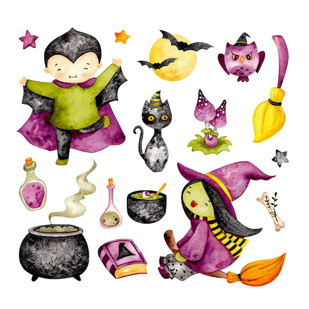 Watercolor set of cute Halloween stuff