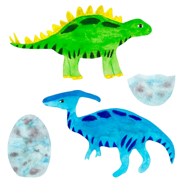 Watercolor set of dinosaurs and eggs