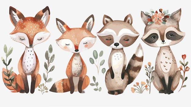 Watercolor Set of Forest Cartoon Characters