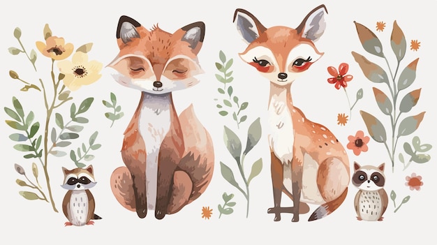 Watercolor Set of Forest Cartoon Characters