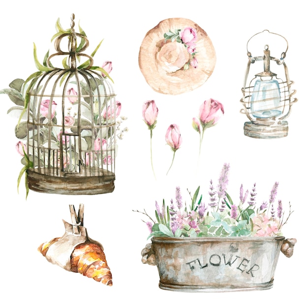 watercolor set from France croissant birdcage with flowers of peony hat lantern basket and flowers