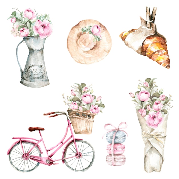 watercolor set from France croissant macaroon bouquet of flowers of peony hat pink bicycle