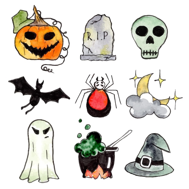 Watercolor set of halloween elements. Halloween and horror hand drawn set