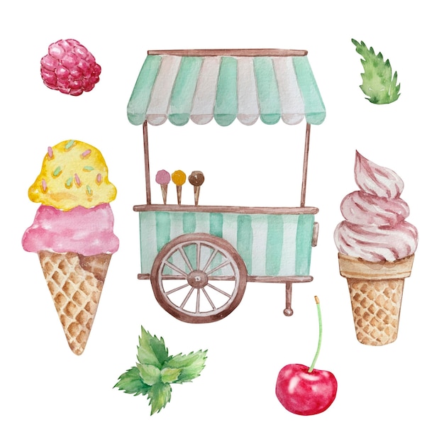 Watercolor set of ice cream and ice cream busxAWatercolor set of ice cream cone and ice cream shop busxAWatercolor set of ice cream and ice cream shopxA