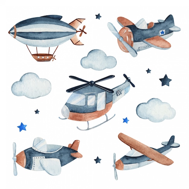 Watercolor set illustration of a cute and adorable air craft complete with airplanes, helicopter and zeppelin.