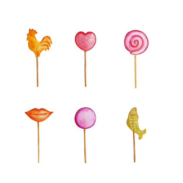 Watercolor set of insulated lollipops candies Sweets on stick on white background