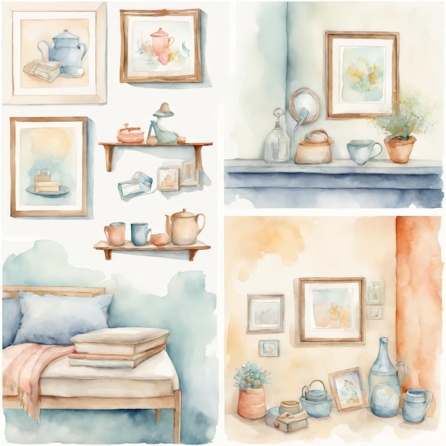 watercolor set for a interior design painting hand drawn illustrations