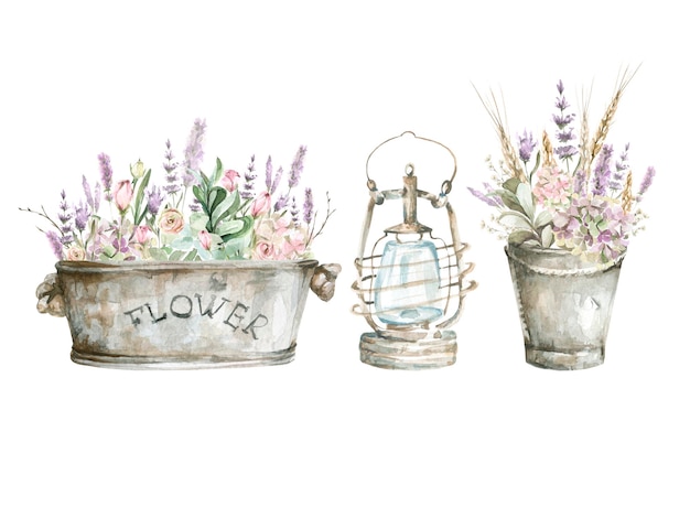 watercolor set lantern and bouquets with hydrangea lavenders buckets floral rustic set