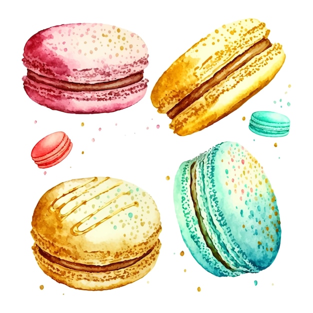 Watercolor set macaroons decorated isolated on white background Hand drawn illustration of popular crunchy dessert for cafe decoration