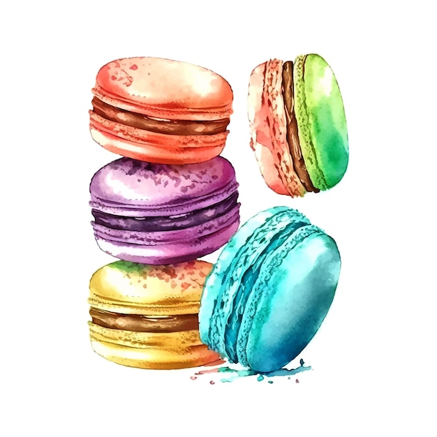 Watercolor set macaroons decorated isolated on white background Hand drawn illustration of popular