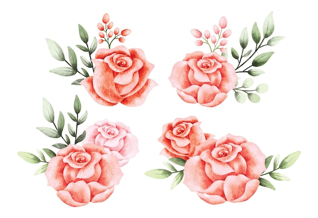 Watercolor set of red rose flower wreath