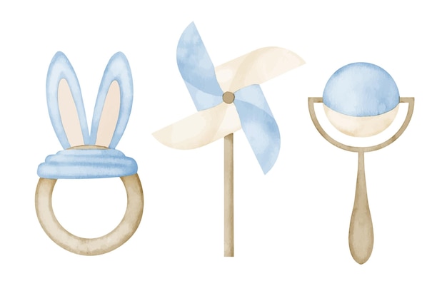 Watercolor set with baby Rattle Pinwheel and Teething Toy Hand drawn illustration of Teether