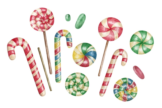 Watercolor set with candy and lollipops Colorful festive sweet food and confetti