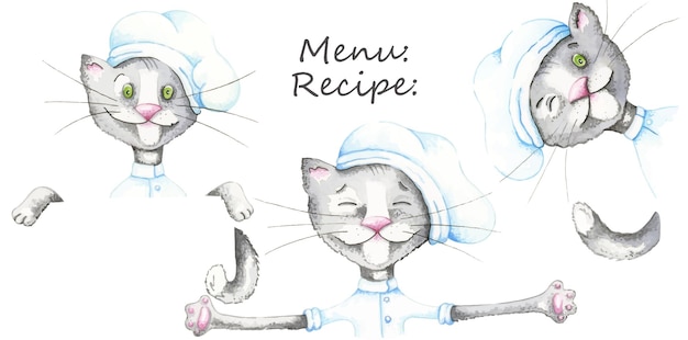 Watercolor set with a cat the chef for menus recipes schedules diets Funny cat