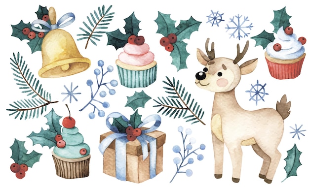 Vector watercolor set with christmas elements deer gifts holly cartoon