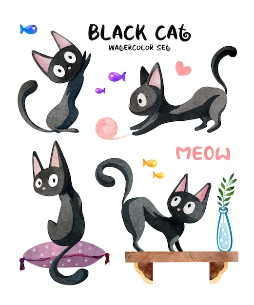 Watercolor set with cute black cats