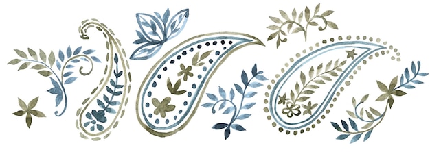 Vector watercolor set with oriental ornaments paisley in natural colors on a white background