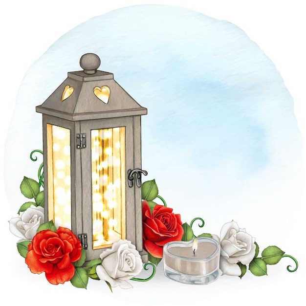 Vector watercolor shabby chic glowing lantern with roses and heart candle