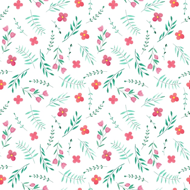 Watercolor simple flowers and branches seamless pattern