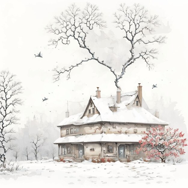 Watercolor sketch Old house covered in snow