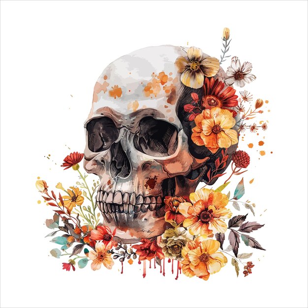 Vector watercolor skull with flowers vector illustration design