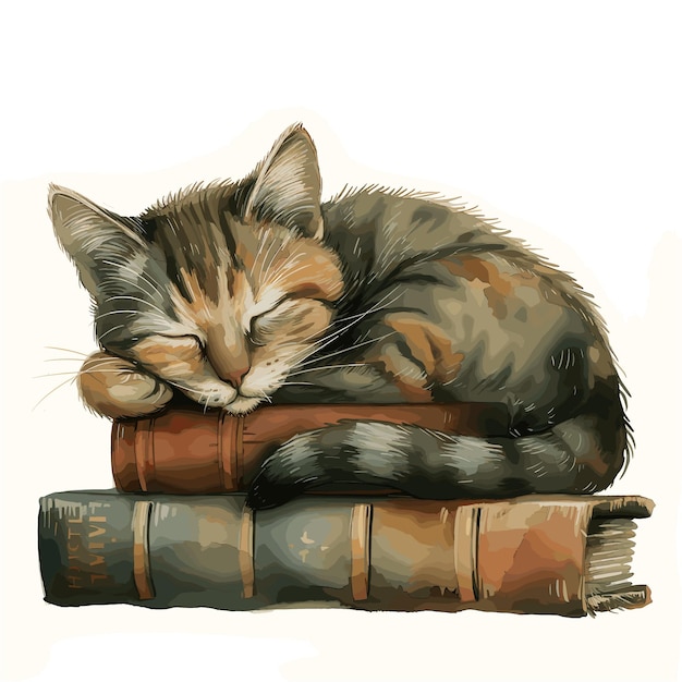 Vector watercolor sleeping cat on book illustration